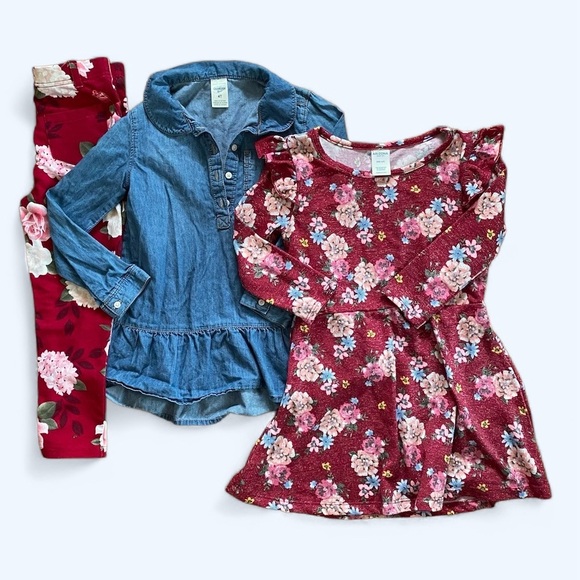 OshKosh B'gosh Other - Girls’ 3 Piece Bundle Floral Chambray Dress Tunic Pants Red Blue Size 4/5 4T